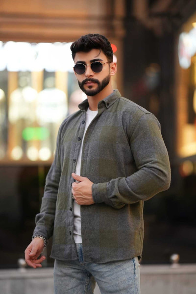 Oduncu Gömlek Haki Gri Düğmeli