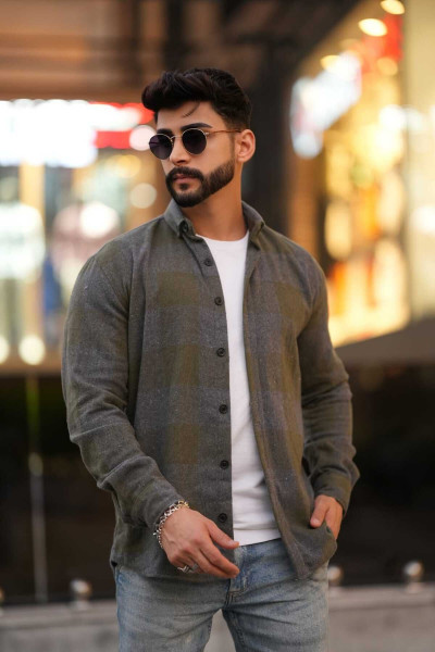 Oduncu Gömlek Haki Gri Düğmeli