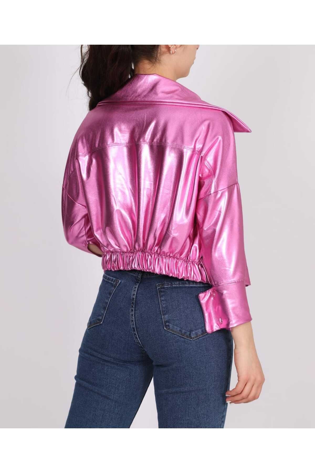 PEMBE PARLAK VARAKLI KUMAŞ BOMBER CEKET PEMBE PARLAK VARAKLI KUMAŞ BOMBER CEKET