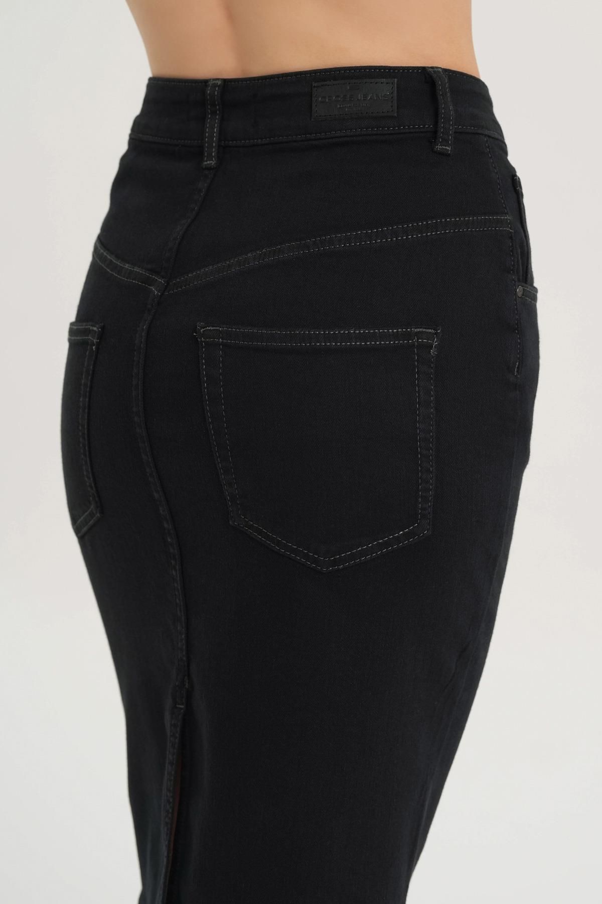 Siyah Yüksek Bel Patı Fermuarlı Yırtmaçlı Esnek Kadın Jean Etek C 4990-005 Siyah Yüksek Bel Patı Fermuarlı Yırtmaçlı Esnek Kadın Jean Etek C 4990-005