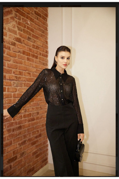 Payetli Simli Şifon Gömlek