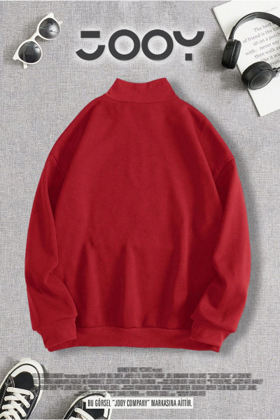 Yarım Fermuarlı Yıldız Baskılı Kırmızı Kadın Sweatshirt Yarım Fermuarlı Yıldız Baskılı Kırmızı Kadın Sweatshirt