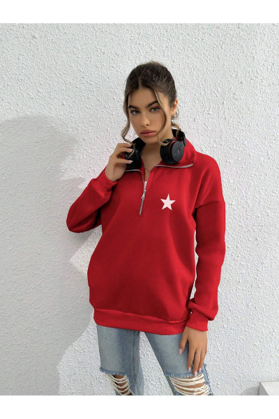 Yarım Fermuarlı Yıldız Baskılı Kırmızı Kadın Sweatshirt Yarım Fermuarlı Yıldız Baskılı Kırmızı Kadın Sweatshirt