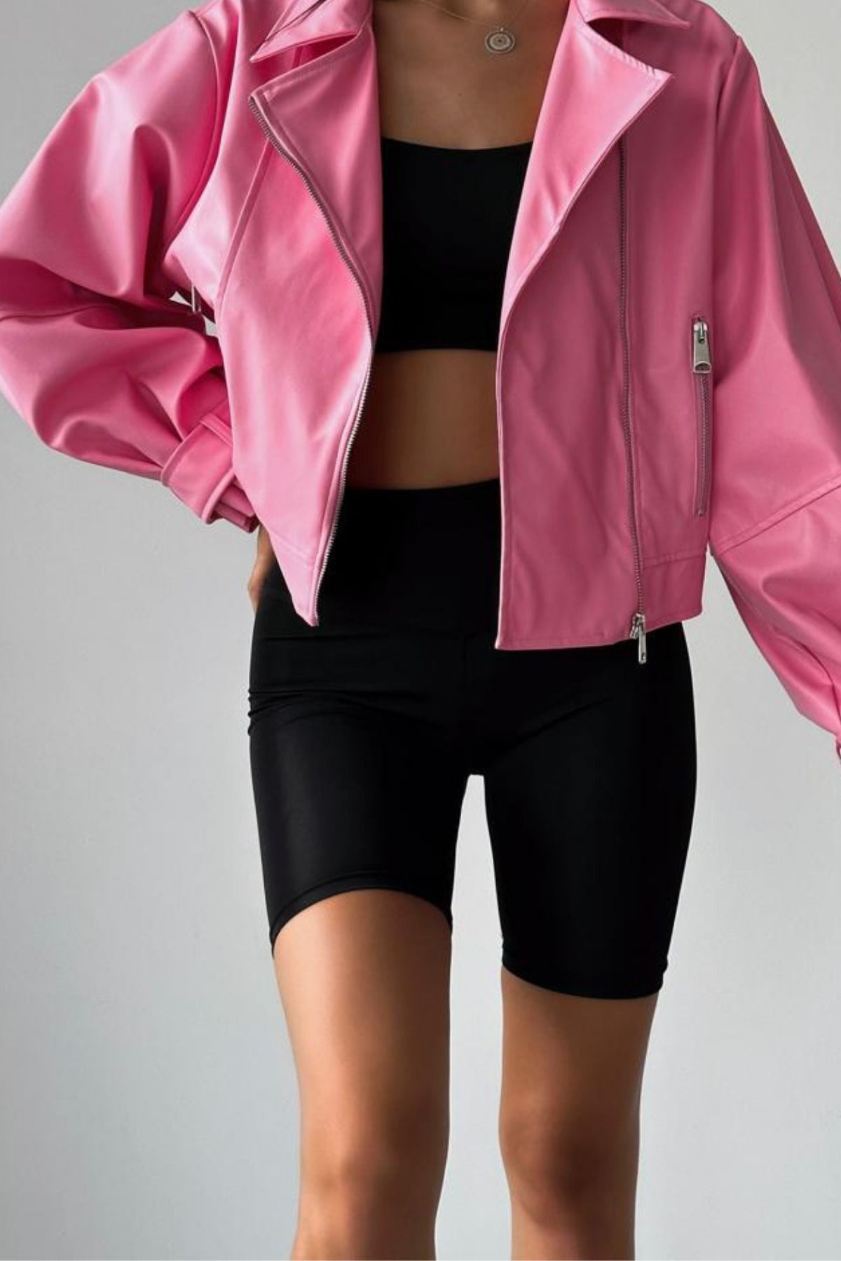 Kadın Pembe Oversize Deri Ceket Kadın Pembe Oversize Deri Ceket