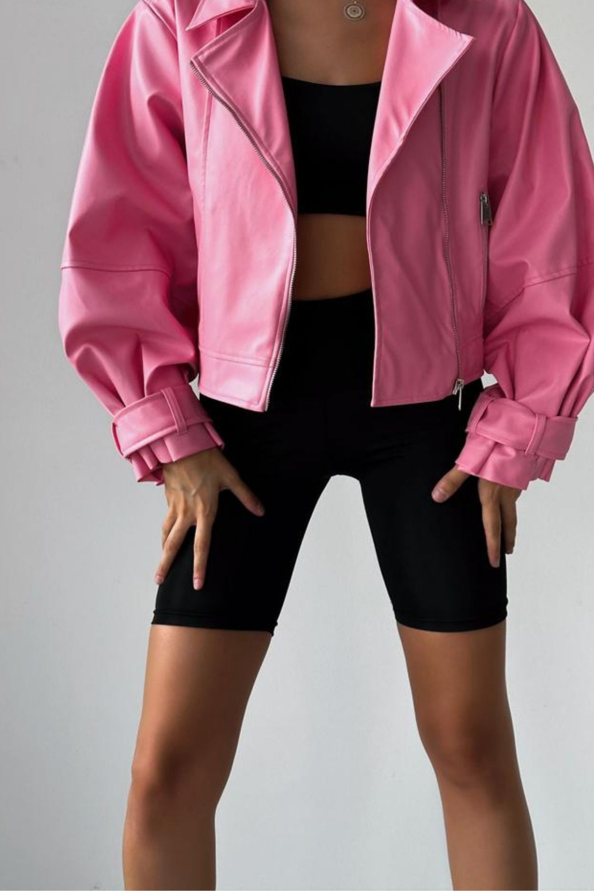 Kadın Pembe Oversize Deri Ceket Kadın Pembe Oversize Deri Ceket