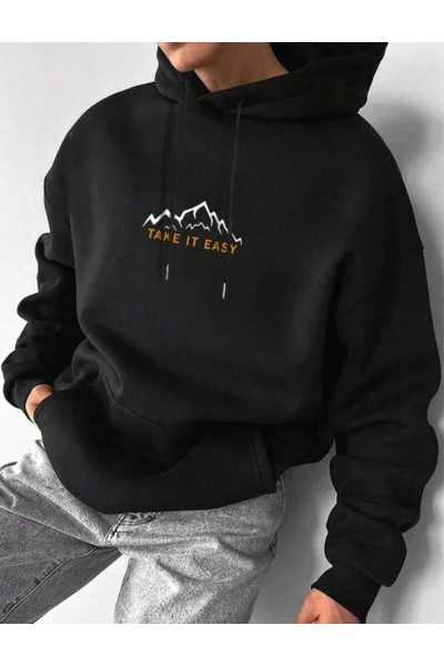Siyah Kapüşonlu TAKE IT EASY Baskılı Sweatshirt Hoodie Siyah Kapüşonlu TAKE IT EASY Baskılı Sweatshirt Hoodie
