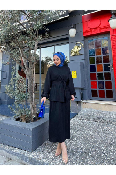 PİLOSE ETEK TAKIM SİYAH