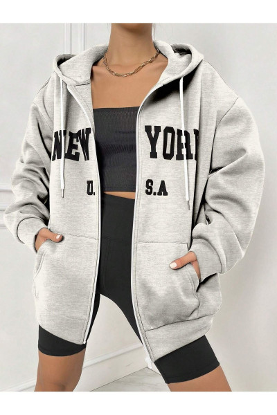 New York U.S.A Fermuarlı Hırka Sweatshirt - Gri Baskılı Oversize Kışlık Kalın Kapüşonlu New York U.S.A Fermuarlı Hırka Sweatshirt - Gri Baskılı Oversize Kışlık Kalın Kapüşonlu