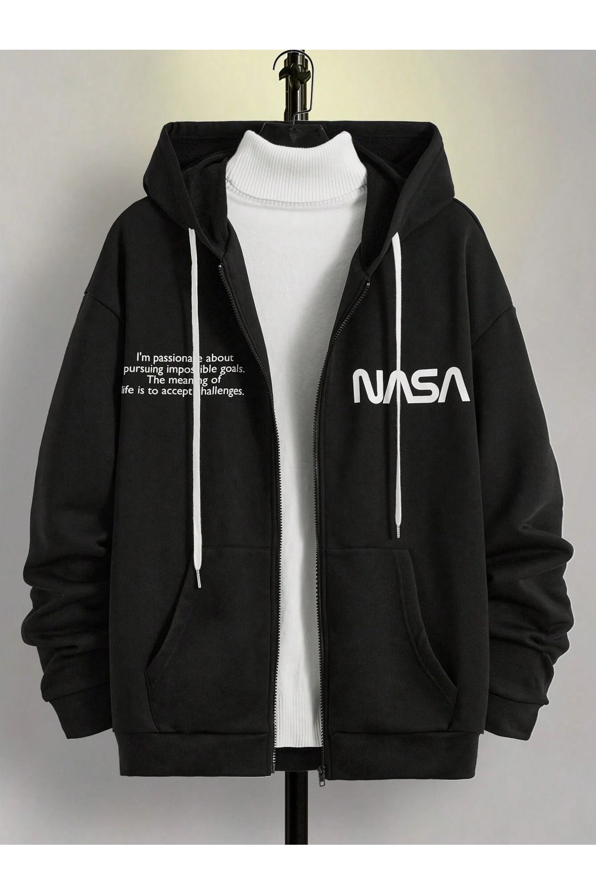 Nasa Yazılı Fermuarlı Hırka Sweatshirt - Siyah Baskılı Oversize Kışlık Kalın Kapüşonlu Nasa Yazılı Fermuarlı Hırka Sweatshirt - Siyah Baskılı Oversize Kışlık Kalın Kapüşonlu
