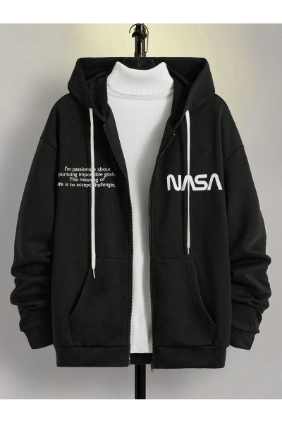 Nasa Yazılı Fermuarlı Hırka Sweatshirt - Siyah Baskılı Oversize Kışlık Kalın Kapüşonlu Nasa Yazılı Fermuarlı Hırka Sweatshirt - Siyah Baskılı Oversize Kışlık Kalın Kapüşonlu