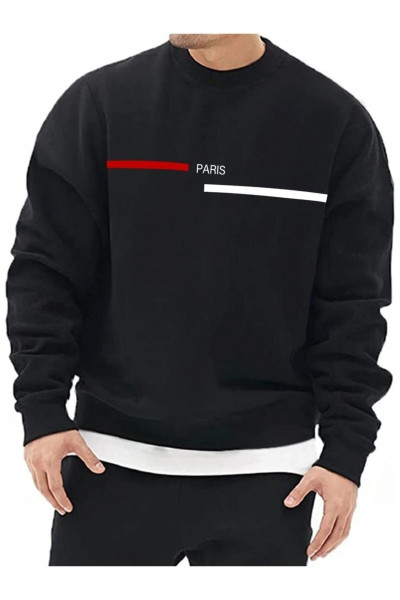 Paris Çizgi Sweatshirt - Siyah Baskılı Oversize Kışlık Kalın Bisiklet Yaka