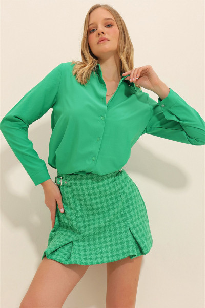 Kadın Yeşil Basic Dokuma Gömlek ALC-X5442