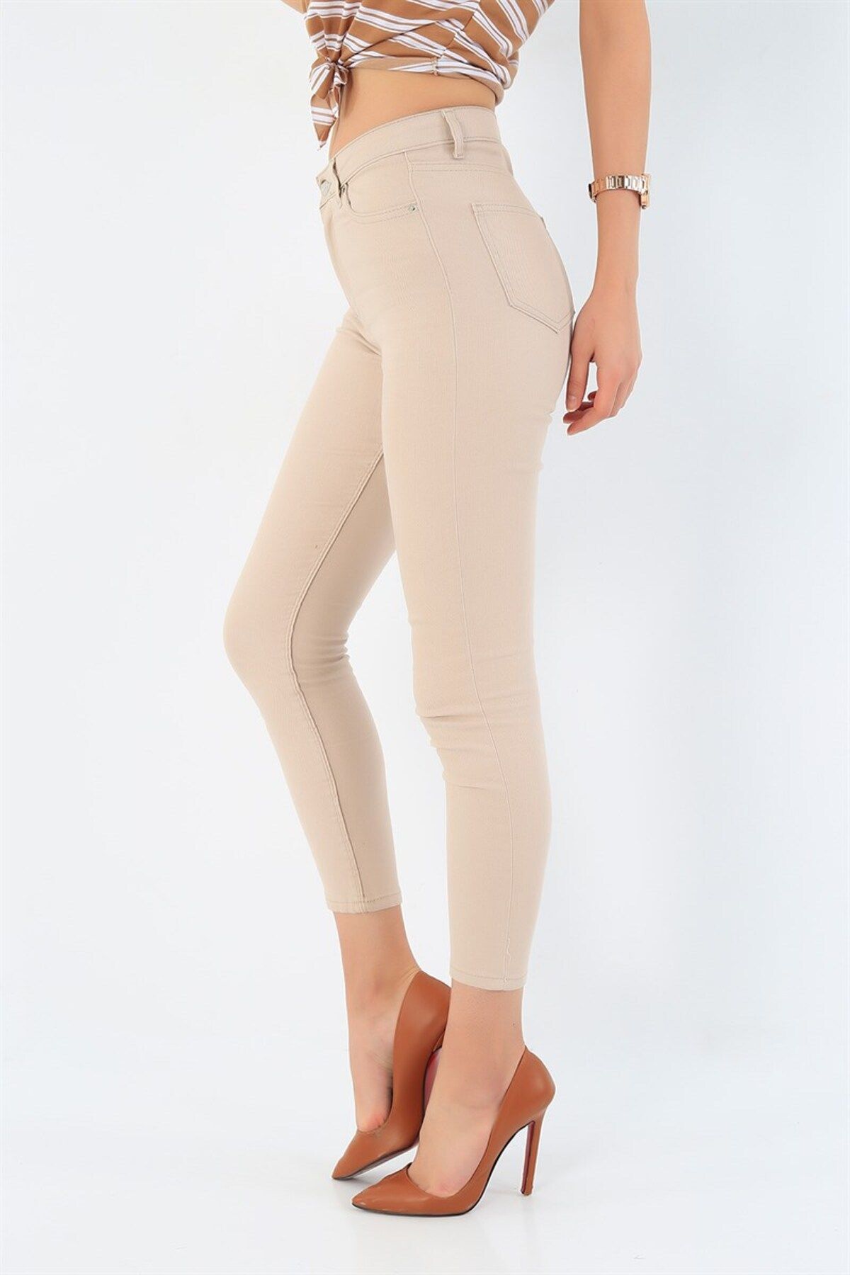 Kadın Yüksek Bel Krem Skinny Kot Pantolon Toparlayıcı Likralı Yüksek Bel Kot Ekstra Slim