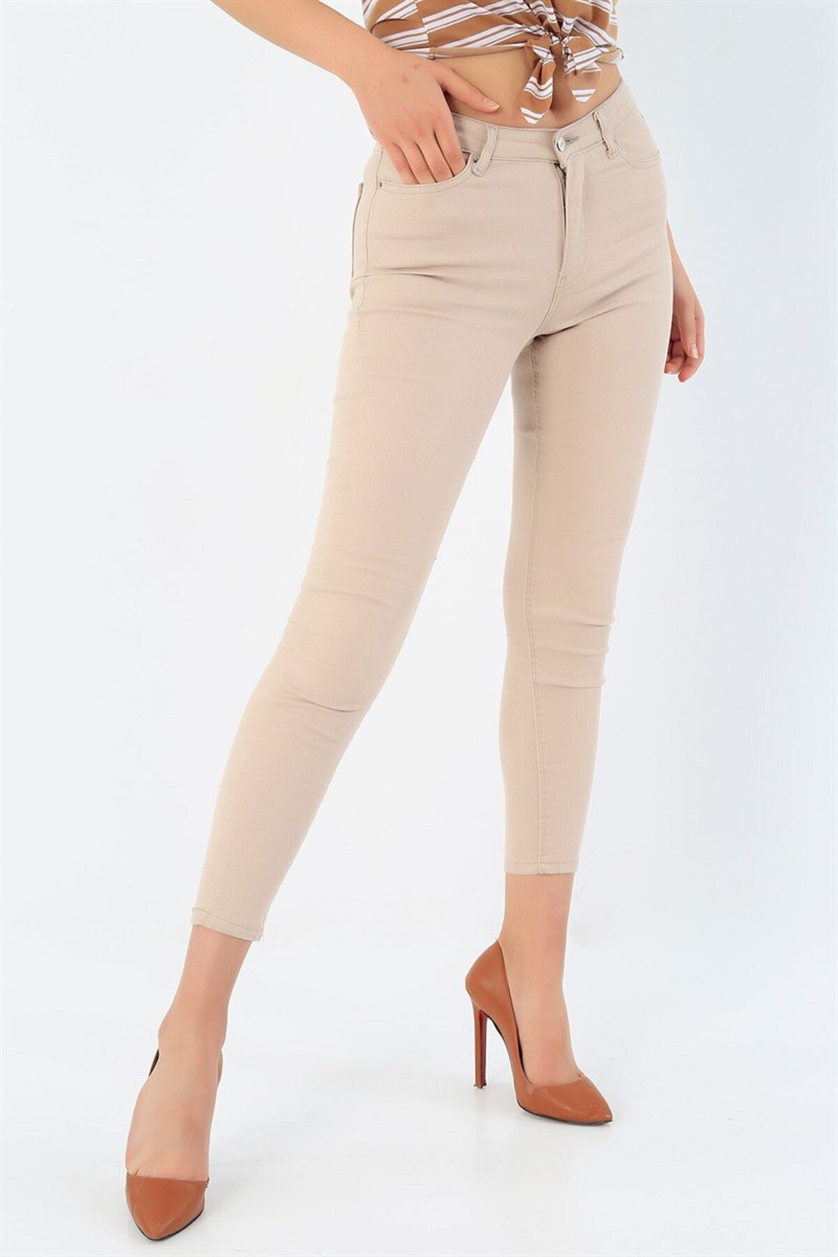 Kadın Yüksek Bel Krem Skinny Kot Pantolon Toparlayıcı Likralı Yüksek Bel Kot Ekstra Slim