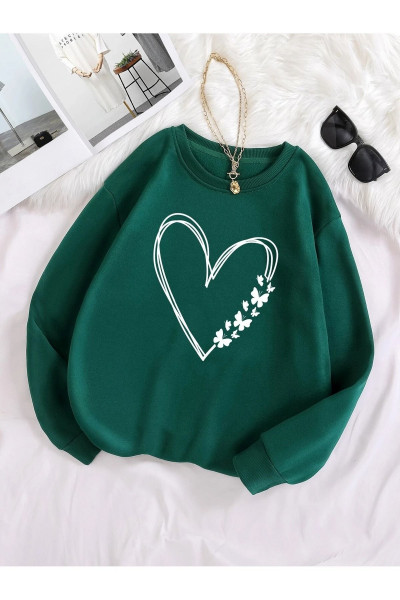 Kelebekli Kalp Desen Sweatshirt - Nefti Yeşi Baskılı Oversize Kalın Kışlık Bisiklet Yaka Kelebekli Kalp Desen Sweatshirt - Nefti Yeşi Baskılı Oversize Kalın Kışlık Bisiklet Yaka