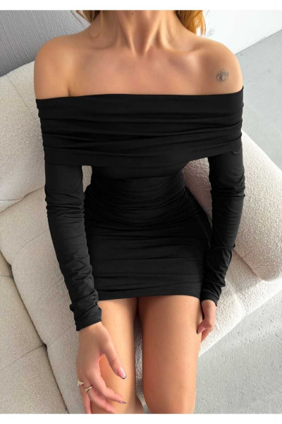Madonna Yaka Büzgülü Bodycon Uzun Kollu Elbise Madonna Yaka Büzgülü Bodycon Uzun Kollu Elbise