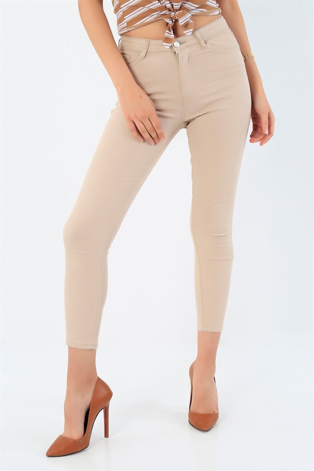 Kadın Yüksek Bel Krem Skinny Kot Pantolon Toparlayıcı Likralı Yüksek Bel Kot Ekstra Slim