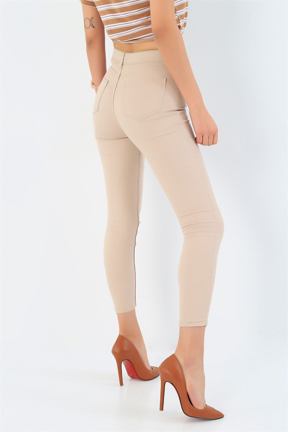 Kadın Yüksek Bel Krem Skinny Kot Pantolon Toparlayıcı Likralı Yüksek Bel Kot Ekstra Slim
