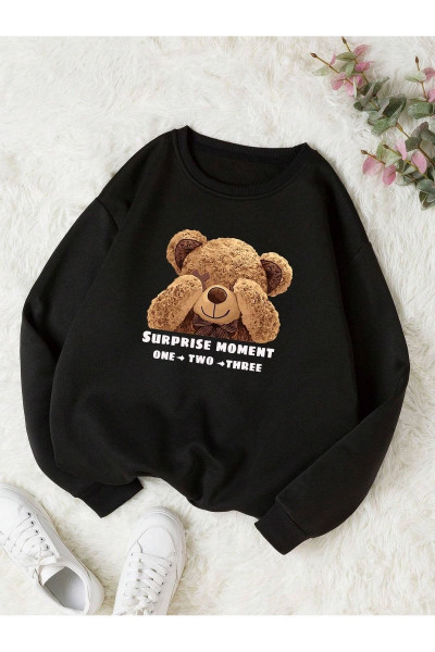 Surprise Bear Sweatshirt - Siyah Baskılı Oversize Kalın Kışlık Bisiklet Yaka