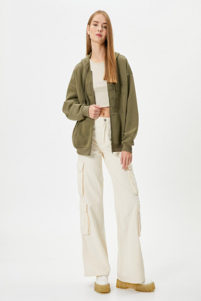 Oversize Kapşonlu Fermuarlı Sweatshirt Şardonlu Kolej Temalı Cepli Haki Oversize Kapşonlu Fermuarlı Sweatshirt Şardonlu Kolej Temalı Cepli Haki