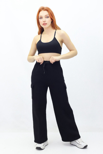 KADIN PANTULON Bol Kesim Bol Paça Içi Polarlı Eşofman Tarzı Kargo Cepli Pantolon