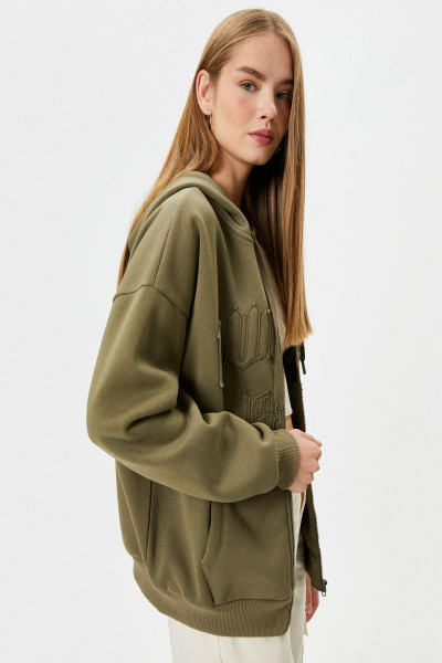 Oversize Kapşonlu Fermuarlı Sweatshirt Şardonlu Kolej Temalı Cepli Haki Oversize Kapşonlu Fermuarlı Sweatshirt Şardonlu Kolej Temalı Cepli Haki