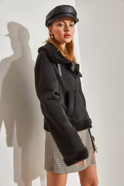 Kadın Süet Peluş Lamine Araboy Biker Mont 2348