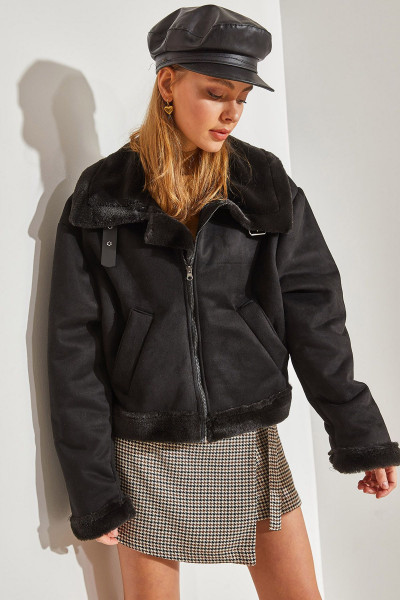 Kadın Süet Peluş Lamine Araboy Biker Mont 2348