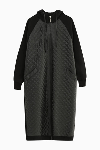 Kapüşonlu Ön Kısım Baklava Desenli-arkası 3 Iplik Kumaş Siyah Kaban 15134