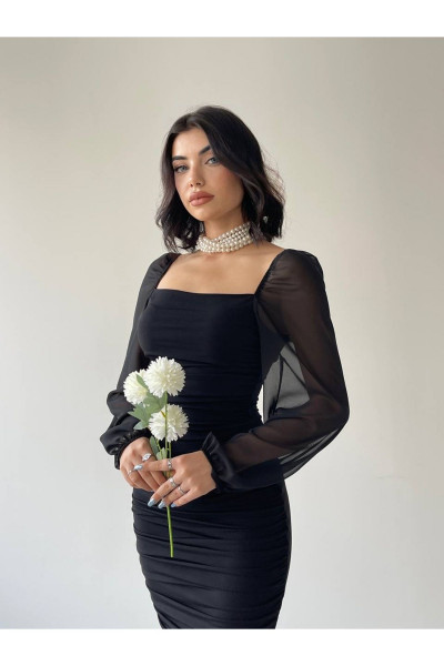 Kadın Siyah Kolları Tül Drapeli Midi Boy Elbise - 4301 Kadın Siyah Kolları Tül Drapeli Midi Boy Elbise - 4301