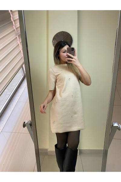 Vizon Parlak Taşlı Suni Süet Elbise Vizon Parlak Taşlı Suni Süet Elbise