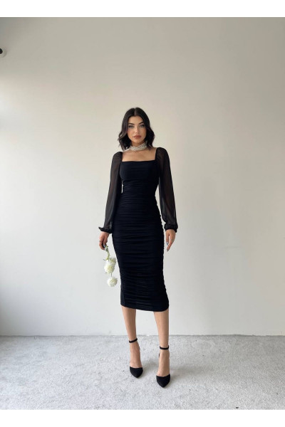 Kadın Siyah Kolları Tül Drapeli Midi Boy Elbise - 4301 Kadın Siyah Kolları Tül Drapeli Midi Boy Elbise - 4301