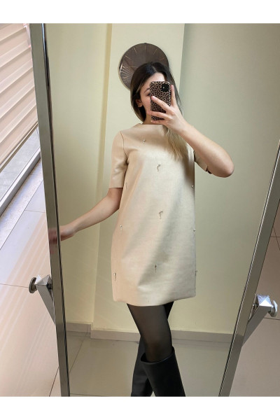 Vizon Parlak Taşlı Suni Süet Elbise Vizon Parlak Taşlı Suni Süet Elbise