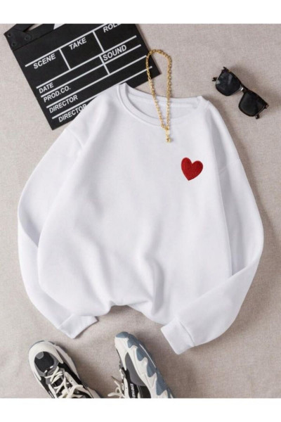 Kırmızı Kalp Sweatshirt - Beyaz Baskılı Oversize Kışlık Kalın Bisiklet Yala Kırmızı Kalp Sweatshirt - Beyaz Baskılı Oversize Kışlık Kalın Bisiklet Yala