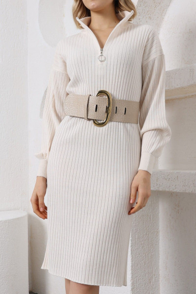 Kadın Vanilya Fermuarlı Yarım Balıkçı Uzun Triko Elbise Kadın Vanilya Fermuarlı Yarım Balıkçı Uzun Triko Elbise