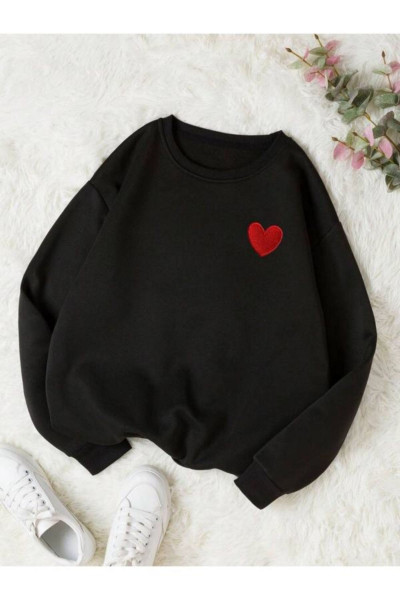 Kırmızı Kalp Sweatshirt - Siyah Baskılı Oversize Kışlık Kalın Bisiklet Yala Kırmızı Kalp Sweatshirt - Siyah Baskılı Oversize Kışlık Kalın Bisiklet Yala