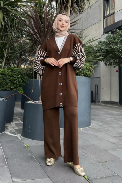 Kolları Çizgili Kahve Kadın Triko İkili Takım