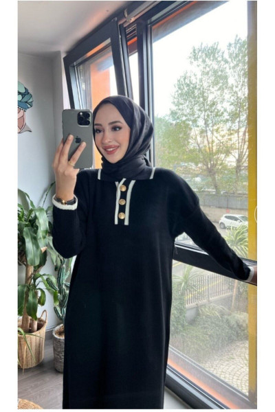 Oversize Düğmeli V Yaka Fitilli Triko Tesettür Elbise Oversize Düğmeli V Yaka Fitilli Triko Tesettür Elbise