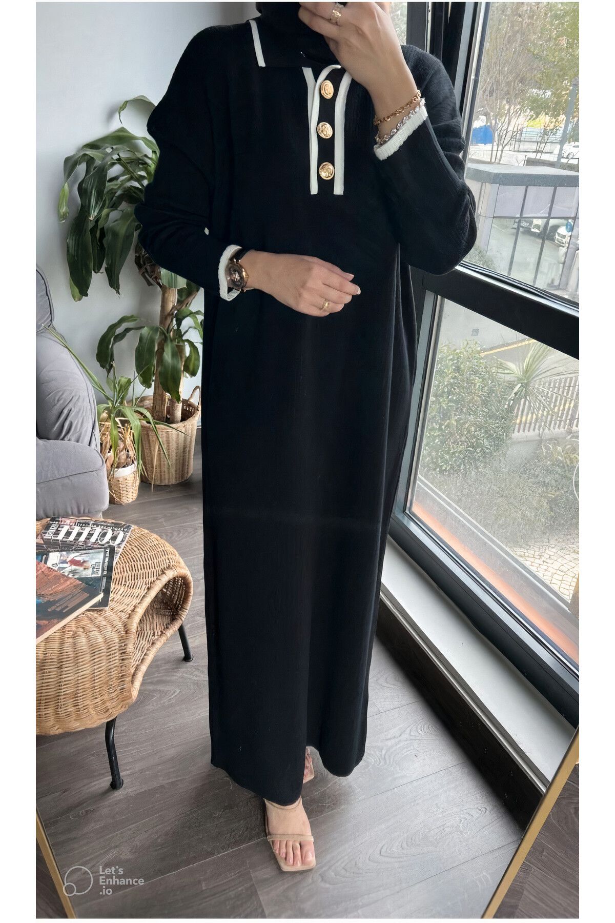 Oversize Düğmeli V Yaka Fitilli Triko Tesettür Elbise Oversize Düğmeli V Yaka Fitilli Triko Tesettür Elbise