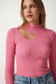 Kadın Pembe Cut Out Detaylı Fitilli Örme Bluz GT00065