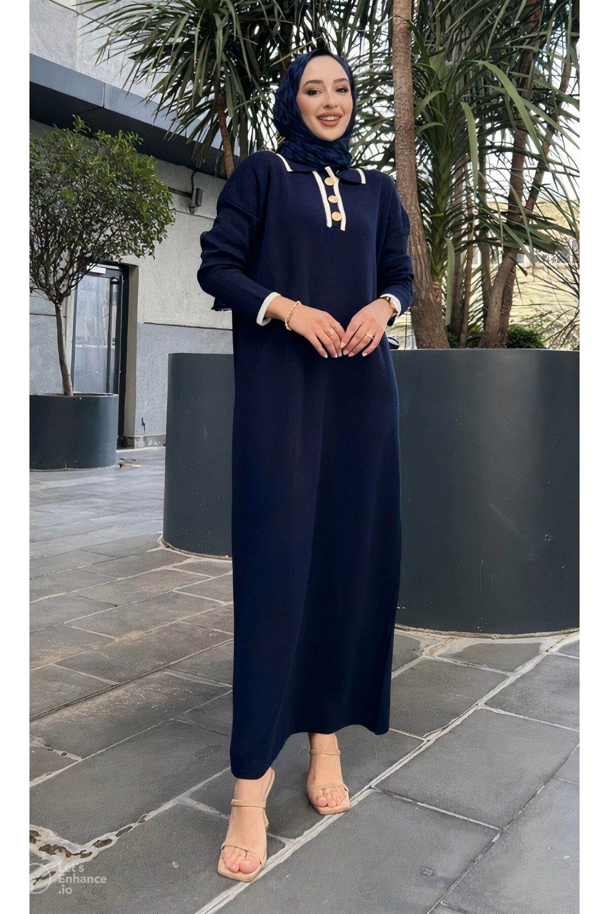 Oversize Düğmeli V Yaka Fitilli Triko Tesettür Elbise Oversize Düğmeli V Yaka Fitilli Triko Tesettür Elbise
