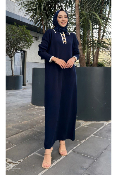 Oversize Düğmeli V Yaka Fitilli Triko Tesettür Elbise Oversize Düğmeli V Yaka Fitilli Triko Tesettür Elbise