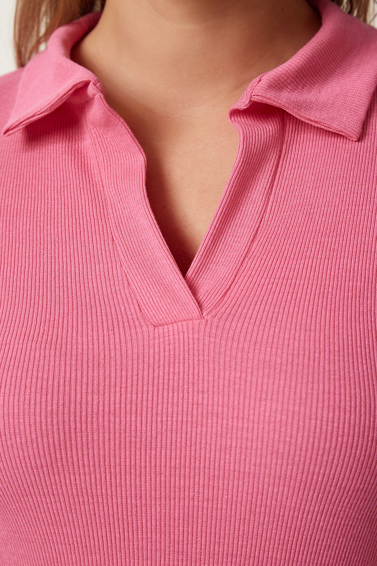 Kadın Pembe Polo Yaka Fitilli Örme Bluz GT00111