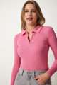 Kadın Pembe Polo Yaka Fitilli Örme Bluz GT00111