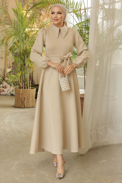 Yakası Boncuk Detay Scuba Elbise - Taş Yakası Boncuk Detay Scuba Elbise - Taş