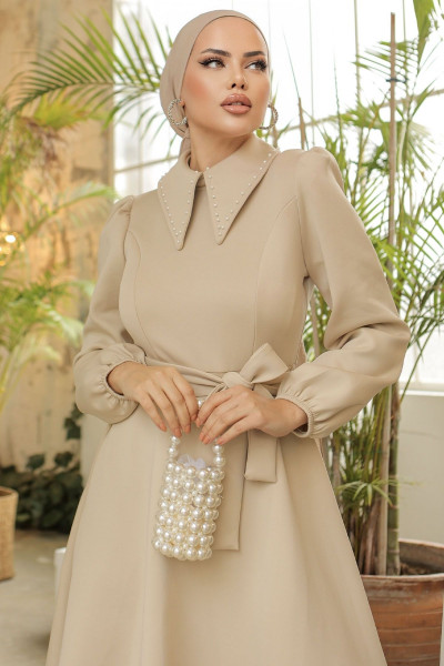 Yakası Boncuk Detay Scuba Elbise - Taş Yakası Boncuk Detay Scuba Elbise - Taş