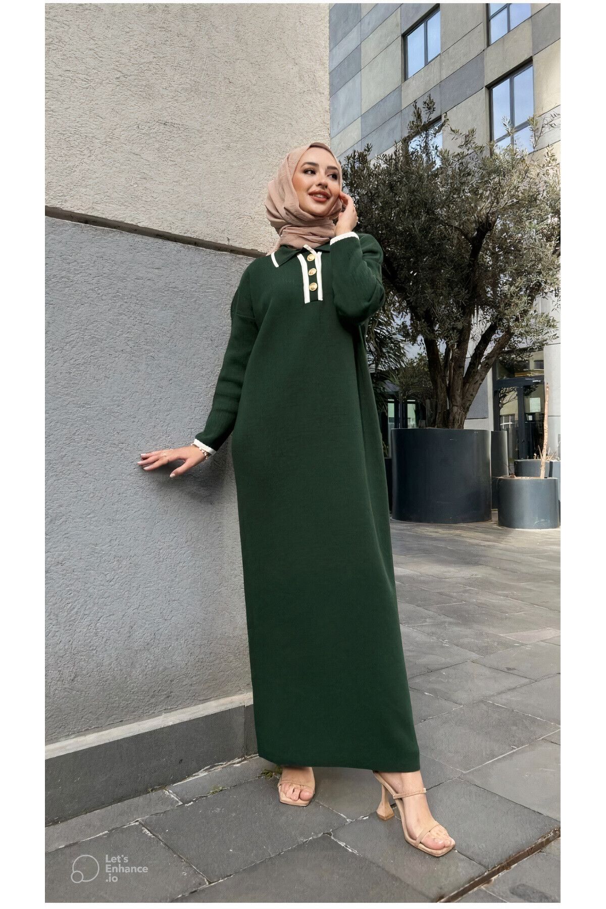 Oversize Düğmeli V Yaka Fitilli Triko Tesettür Elbise Oversize Düğmeli V Yaka Fitilli Triko Tesettür Elbise