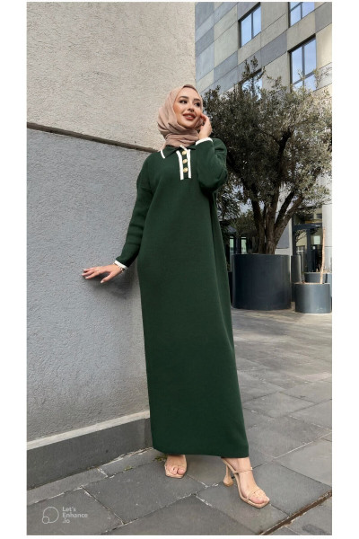 Oversize Düğmeli V Yaka Fitilli Triko Tesettür Elbise Oversize Düğmeli V Yaka Fitilli Triko Tesettür Elbise