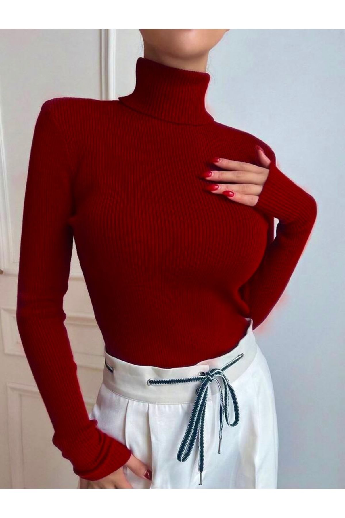 Unisex Kan Kırmızı Premium Pamuklu Balıkçı Yaka Kaşkorse Şardonlu Slimfit Boğazlı Kazak Unisex Kan Kırmızı Premium Pamuklu Balıkçı Yaka Kaşkorse Şardonlu Slimfit Boğazlı Kazak