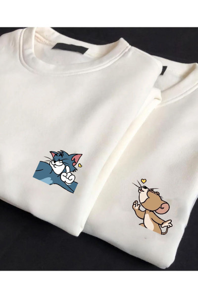 Sevgili Kombini Tom ve Jerry Baskılı Yuvarlak Yaka Sweatshirt Sevgili Kombini Tom ve Jerry Baskılı Yuvarlak Yaka Sweatshirt